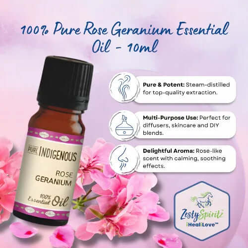 10ml bottle of 100% pure rose geranium essential oil by ZestySpiritz with a floral label design.