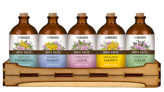 bath salt gift sets featuring essential oil blends like Tranquil, Night, Love, Happy, and Calm