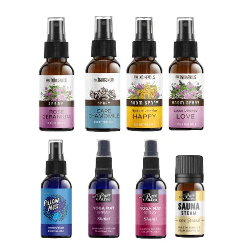 Aroma Harmony Set Natural Sprays + Sauna Steam featuring various natural spray bottles.