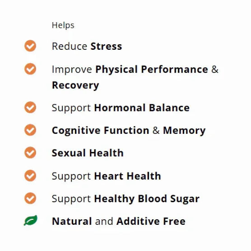 List of benefits for ashwagandha stress support capsules including stress reduction and improved health.