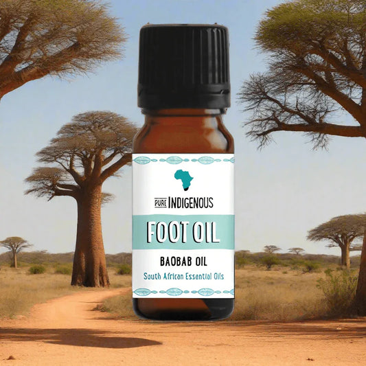 Hydrating foot oil with baobab and rose geranium - 20ml bottle in front of African landscape.