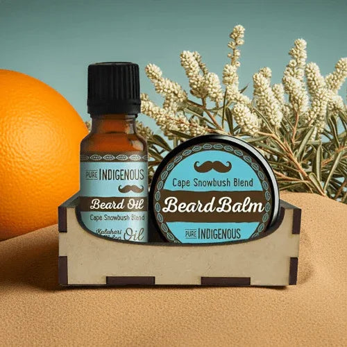 Beard Care Kit Balm and Oil featuring Beard Oil and BeardBalm from Pure Indigenous in a stylish display.