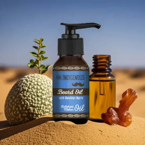 Natural Beard Oil 50ml bottle with Kalahari Melon oil and Namibian Myrrh in a desert setting.