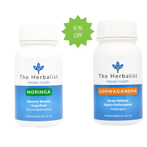 Body Balance Support Pack featuring Moringa and Ashwagandha for natural energy and stress balance, 5 percent off promotion.