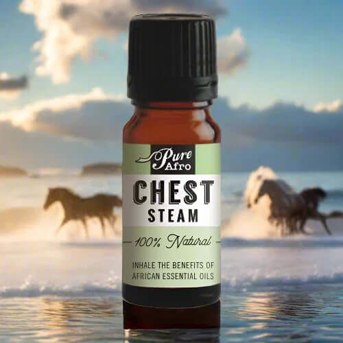 ZestySpiritz Chest Steam Essential Oil Blend in a 20ml bottle with a calming green label and droplet dispenser.