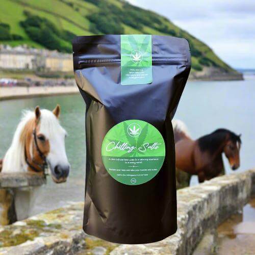 ZestySpiritz Chilling Bath Salts 700g in a clear jar with a soothing blue color and calming herbal ingredients.