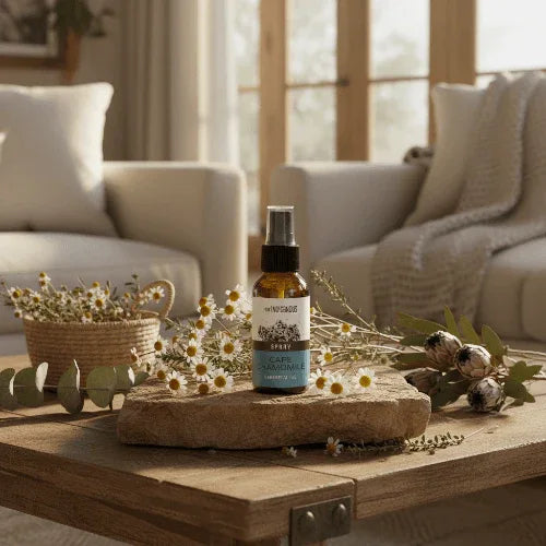 Cape Chamomile calming spray on a wooden table surrounded by flowers in a cozy home setting.