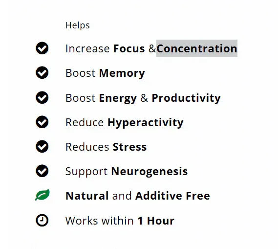 Natural focus support capsules benefits list highlighting focus, memory, energy boost, and stress reduction.