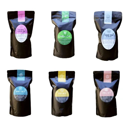 Epsom Salt Bath Soak Gift Set – 6 Luxurious Soaks featuring six stylishly packaged bath soaks.