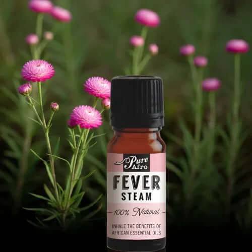 ZestySpiritz Fever Steam Essential Oil Blend in a 10ml bottle surrounded by natural elements.