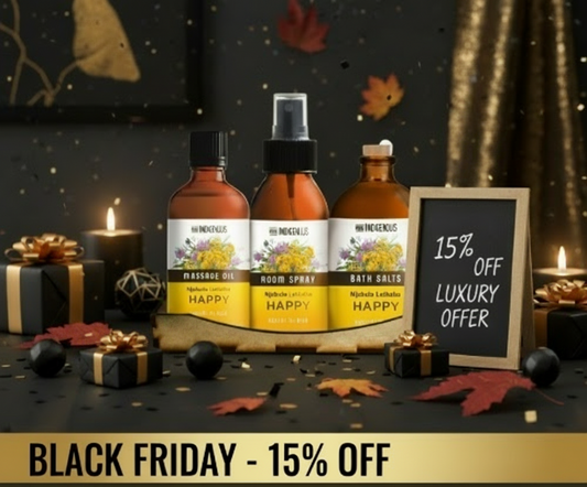 Three bottles of 'Happy' products with a Black Friday discount sign in the background.