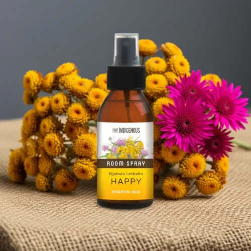 Happy Room Spray 100ml by ZestySpiritz, featuring a blend of Immortelle, Helichrysum, Cape Rose, and Geranium.