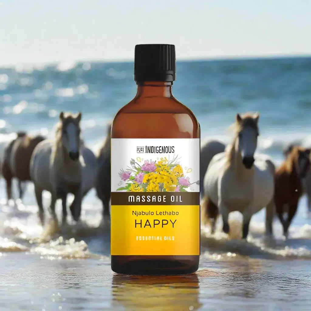Happy Massage Oil with Rose Geranium bottle in front of horses, promoting relaxation and mood elevation.