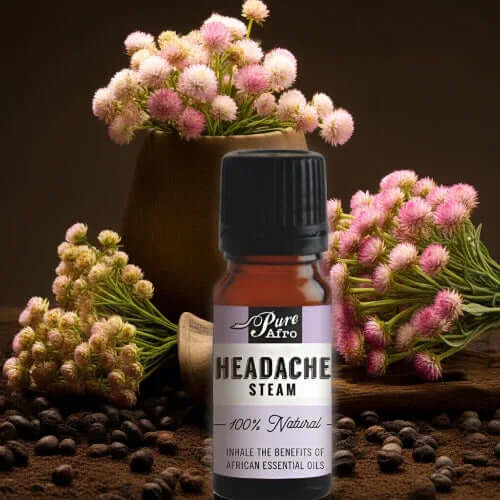 Headache Essential Oil Blend - an essential oil bottle surrounded by vibrant flowers and coffee beans for natural headache relief.