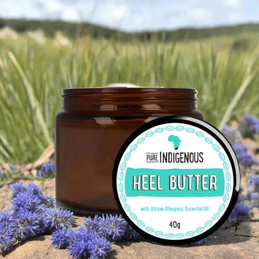 Natural foot moisturiser for dry heels - Heel Butter 40g with African bluegrass essential oil in eco-friendly packaging.