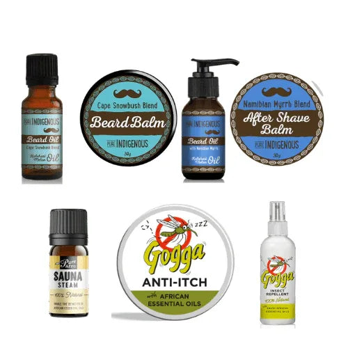 Men's Grooming On-the-Go Kit: All-in-One Essentials with beard oils, balm, aftershave, sauna steam, and anti-itch balm.