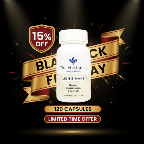 Bottle of Lion's Mane supplement with Black Friday promotional text on a dark background.
