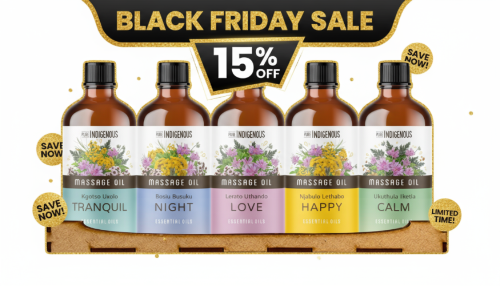 Massage oil bottles with colorful labels on a wooden pallet, Black Friday sale banner above.