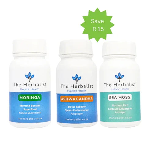 Plant-based metabolic support kit featuring Moringa, Ashwagandha, and Sea Moss for wellness and energy.