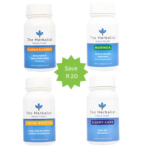 Natural Wellness Pack featuring Ashwagandha, Moringa, Immune Booster, and Sleepy Caps for holistic health.