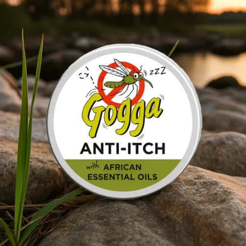 Natural anti-itch skin balm with essential oils in a 10g container by ZestySpiritz, showing the product texture and packaging.