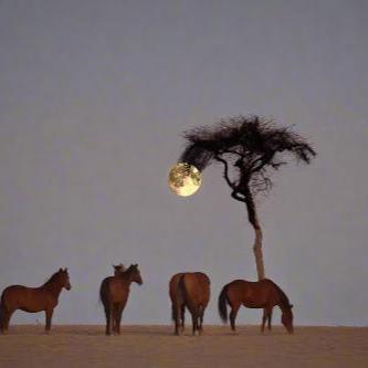 Horses standing in a serene landscape under a full moon with a lone tree at dusk depicting sweet dreams after applying night pillow mist