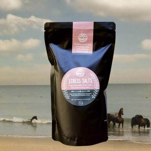 ZestySpiritz Stress Salt Soaks in various sizes, displayed in a serene setting with calming colors and textures.