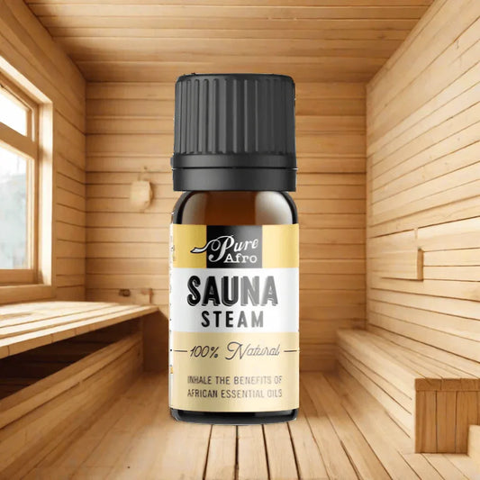 African essential oil sauna blend in a sauna setting for aromatherapy relaxation.