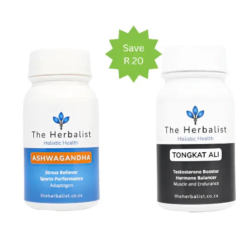 Natural stamina and strength supplements duo featuring Ashwagandha and Tongkat Ali for vitality and performance.