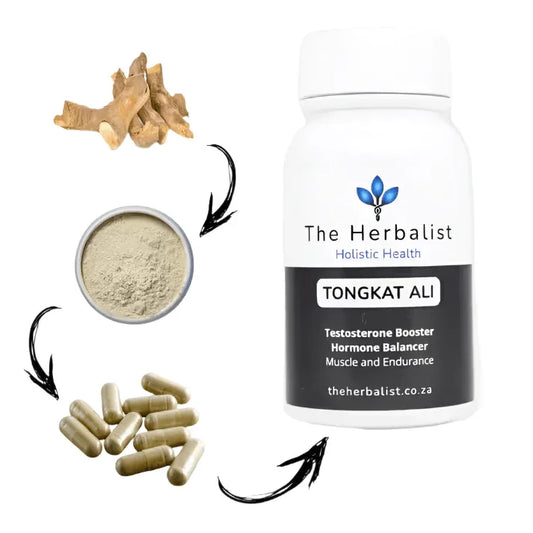 Natural testosterone support capsules with Tongkat Ali, powder, and herbal ingredients for hormone balance.