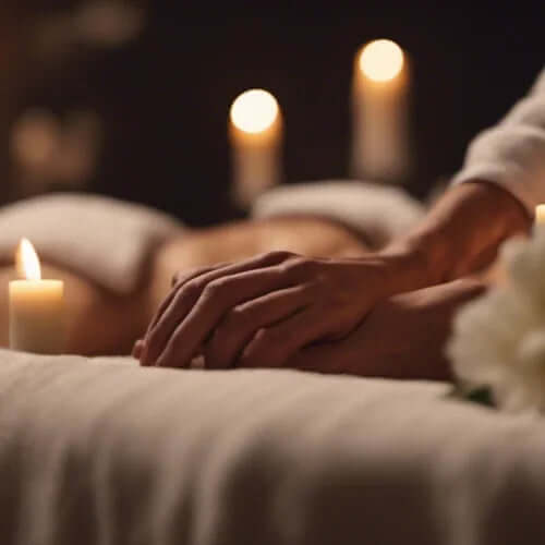 ZestySpiritz Tranquil Massage Oil 100ml bottle with soothing label design and light reflection on a wooden surface.