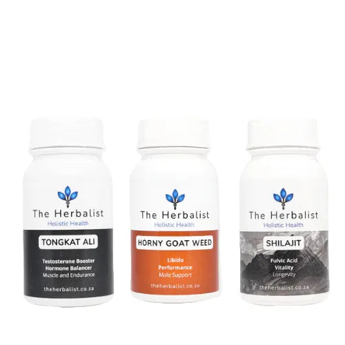 Natural men's vitality supplement featuring Tongkat Ali, Horny Goat Weed, and Shilajit for enhanced performance.