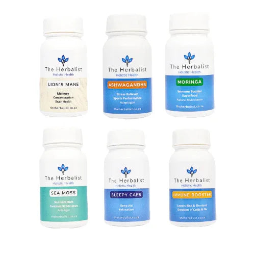 Natural supplements for energy and calm including Lion's Mane, Ashwagandha, Moringa, Sea Moss, Sleepy Caps, and Immune Booster.