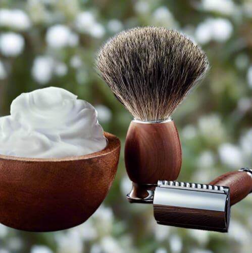 Natural Beard Balm 30g with shave brush and wooden bowl of cream for grooming. Perfect for beard care.