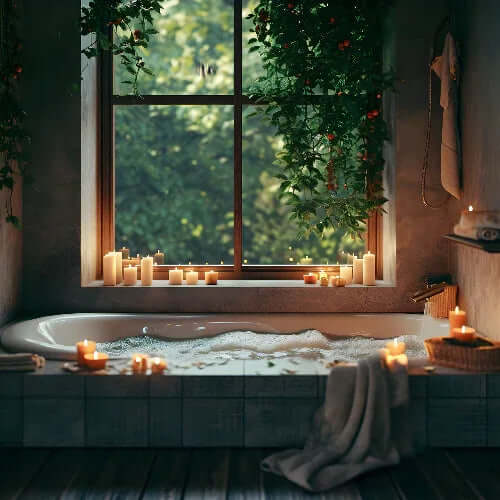 A serene bathroom scene featuring a relaxing bathtub surrounded by candles and lush greenery. Perfect for women's comfort soak with magnesium.