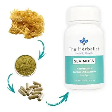 Natural Sea Moss Capsules 30/60 bottles, sea moss powder, and dried sea moss for immune support and vitality.