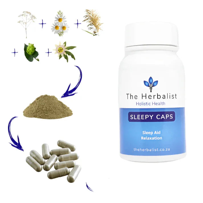 Natural sleep support capsules - Sleepy Caps 60 with herbal ingredients for restful sleep and relaxation.