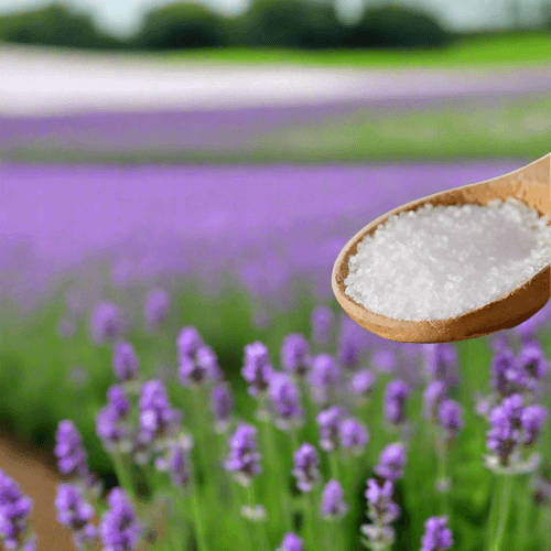 Epsom salt benefits showcased in a wooden spoon amidst a lavender field with vibrant purple flowers.