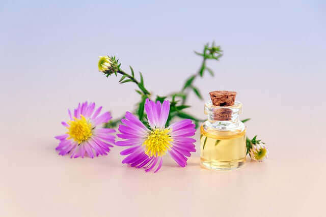 Essential oils for home wellbeing with a small bottle and purple flowers.