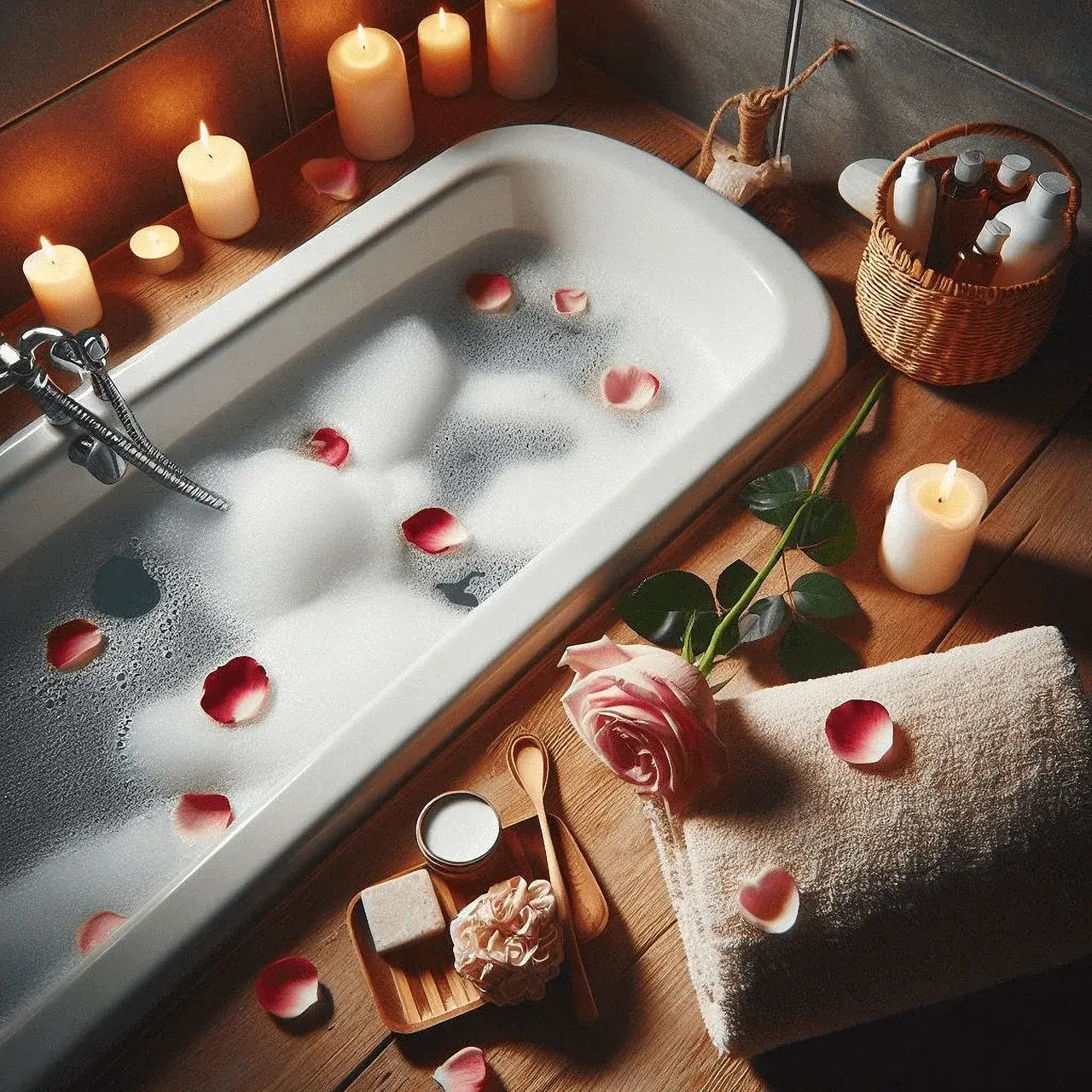 Relaxing bath scene with bubbles, candles, and rose petals for me time self-care essentials.