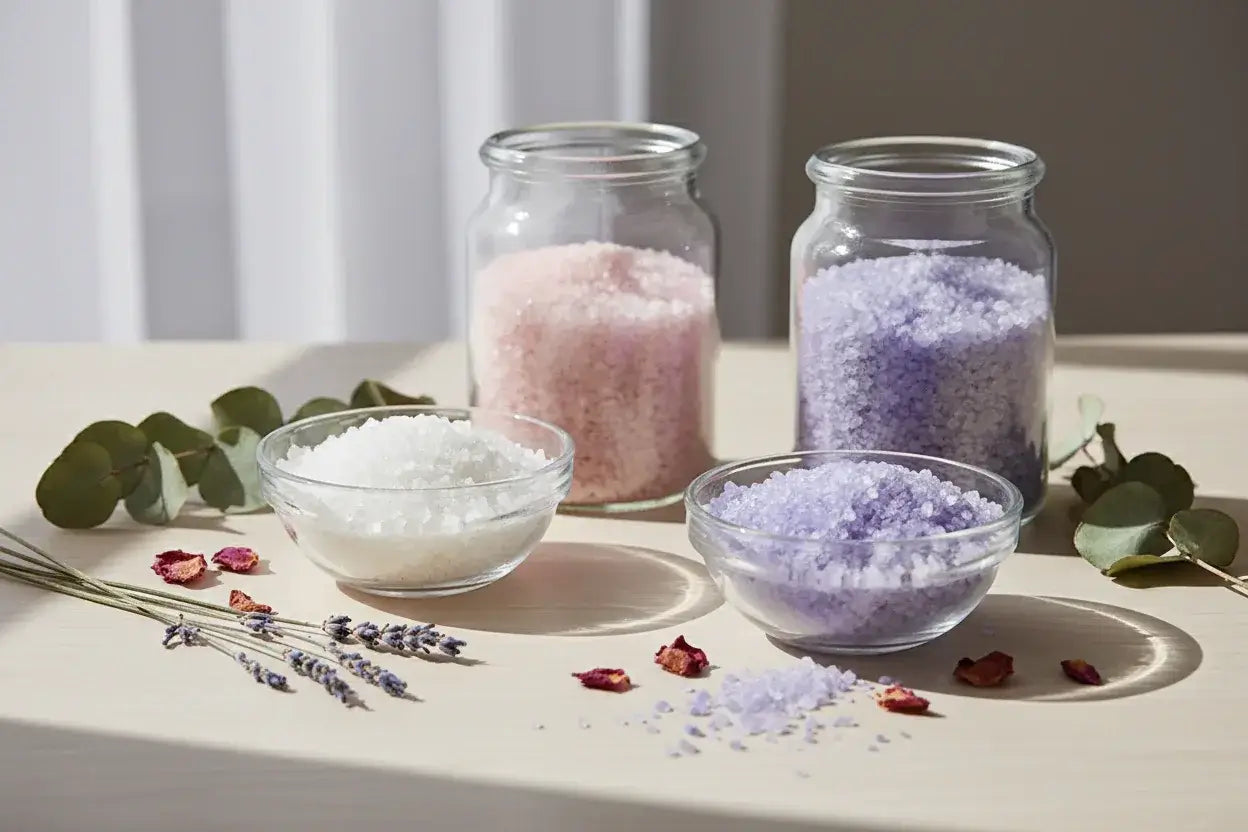 Three jars of healing salts for body and soul in pink, purple, and white, surrounded by dried flowers and eucalyptus leaves.