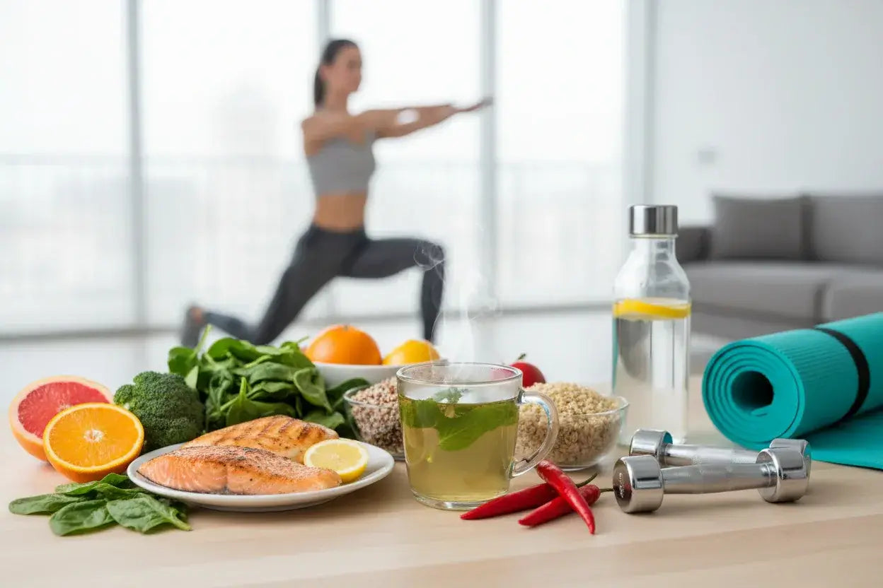 Boost metabolism naturally with healthy foods, fitness equipment, and a woman exercising in a bright space.