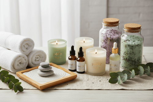 Wellness gifts for self-care displayed with candles, oils, stones, and towels for a calming self-care experience.