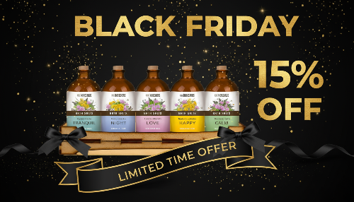Promotional image for Black Friday sale with bottles and a banner on a black background