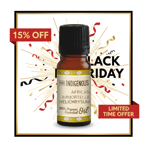 Bottle of African Immortelle Helichrysum essential oil with Black Friday promotional text.