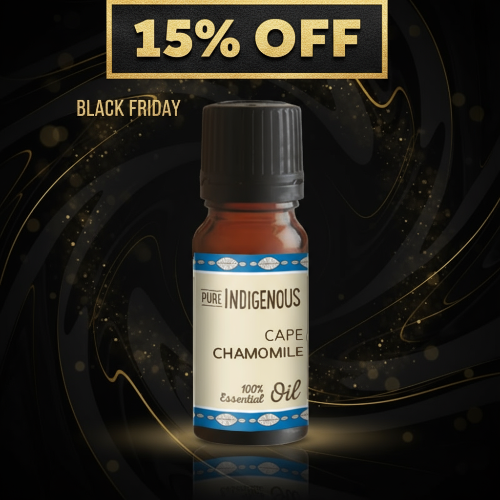 Bottle of Cape Chamomile essential oil with a Black Friday discount banner.