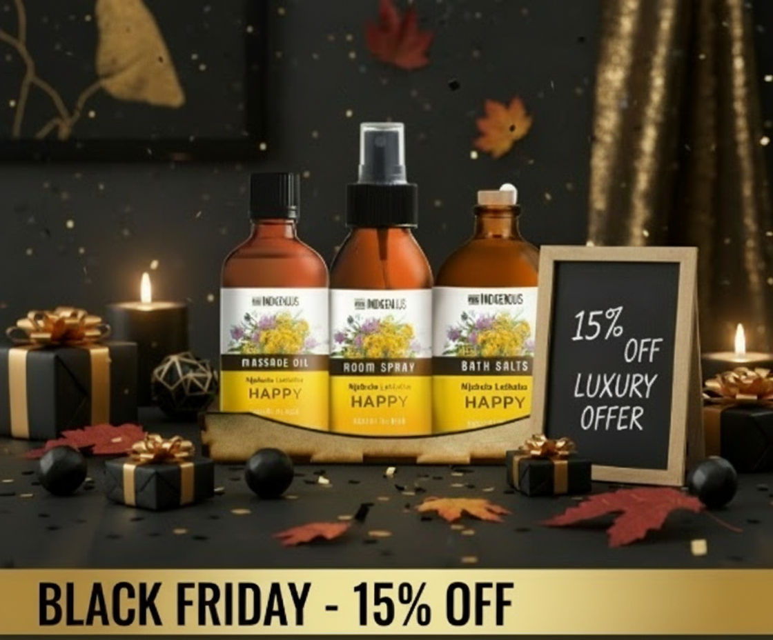 Three bottles of 'Happy' products with a Black Friday discount sign in the background.