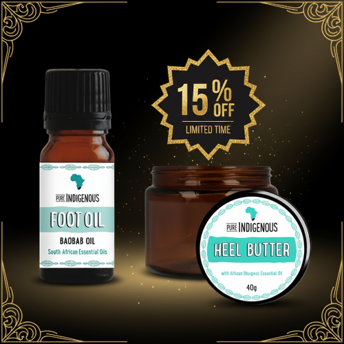 Foot oil bottle and jar of heel butter  on a dark background with decorative elements.