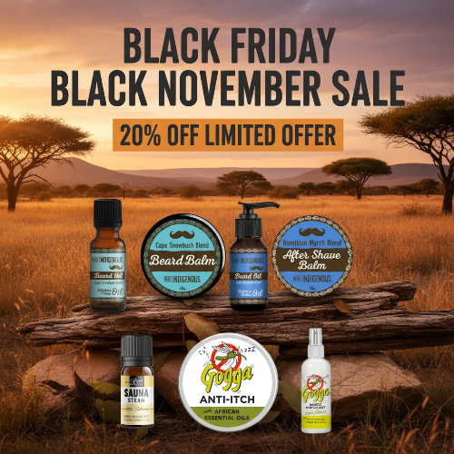 Beard care products with a Black Friday sale banner in a scenic setting.