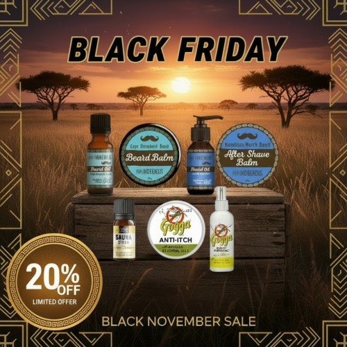 Black Friday sale advertisement with beard care products on a wooden crate against a sunset landscape.